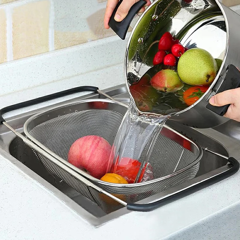 Kitchen Supply Colander Drain Over The Sink Deep Well Oval Stainless Steel Colander Fine Mesh Extendable Handle Foldable Storage