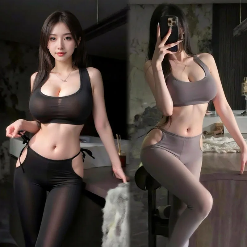 

Женские узкие черные брюки для йоги на шнуровке, сексуальный дикий комплект, жилет в стиле Pure Desire, пижама, высокая эластичность, прозрачное нижнее белье