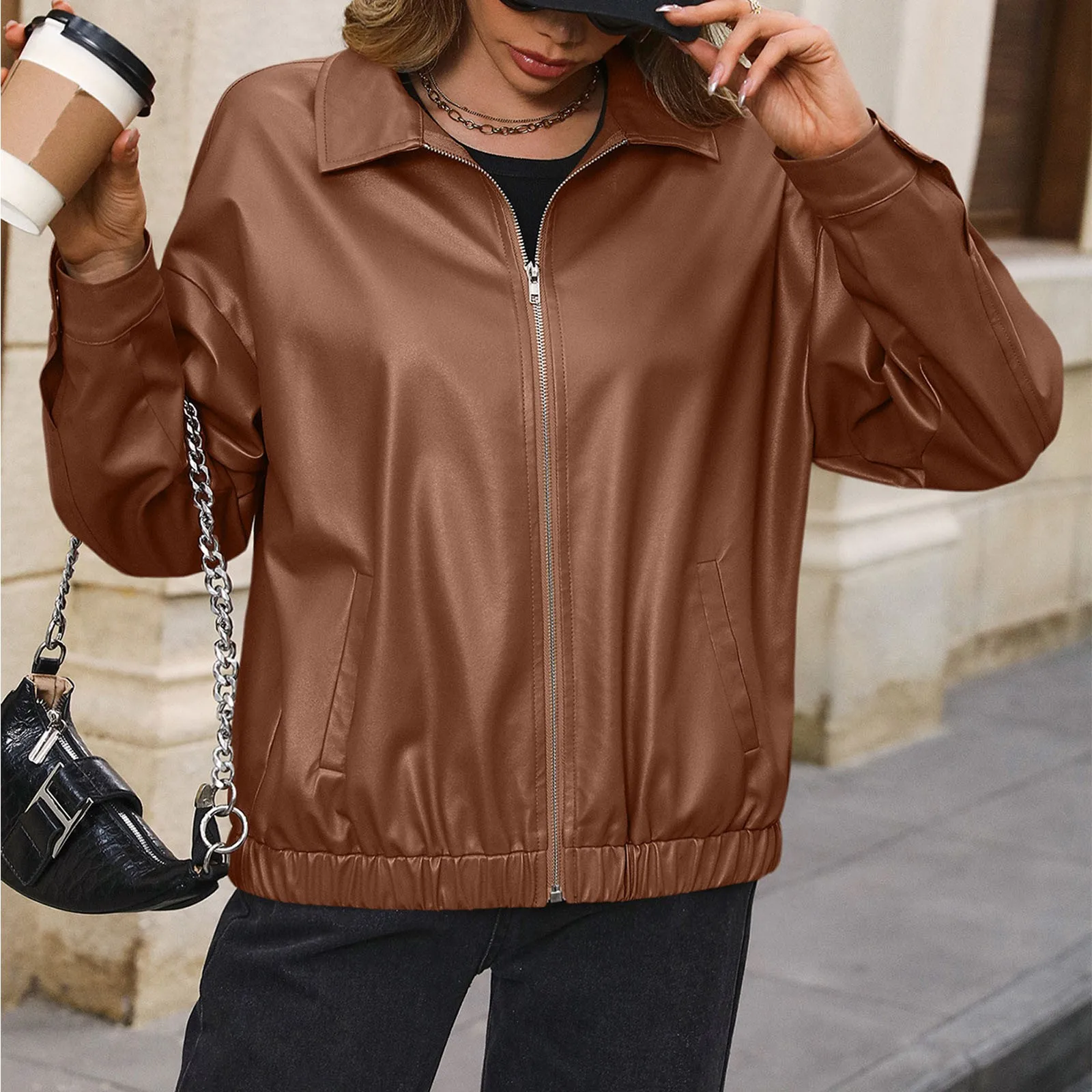 Faux Leather Jacket Women\'s Zipper Jacket lapel Long sleeve Motorcycle Leather Jackets High Street Chic Jacket New Outerwear