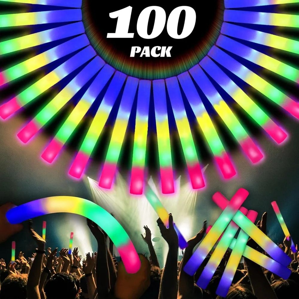 

100 Pcs 18.5 inch Foam Glow Sticks Bulk, 4 Color LED Light Foam Sticks, Glow In The Dark Party Supplies,