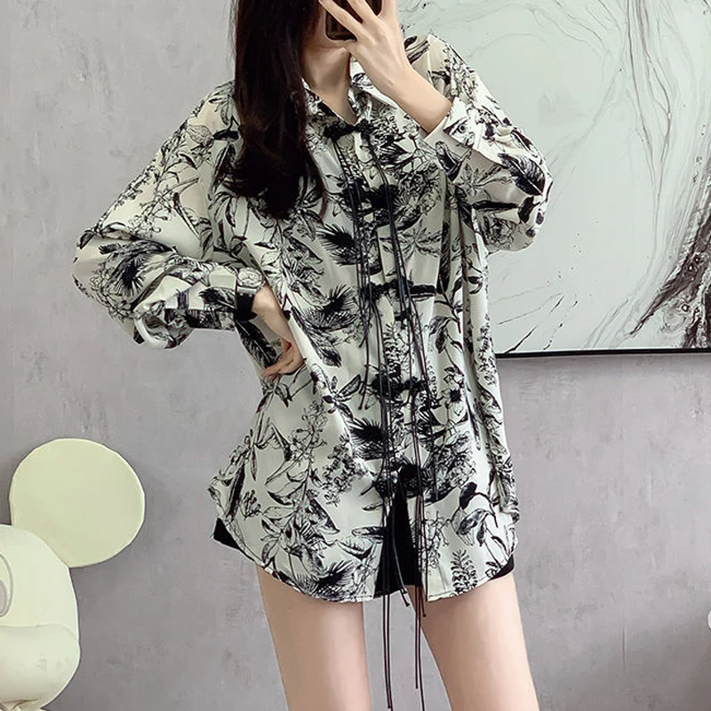 Women\'s Chinese Style Vintage Print Button Up Shirt Harajuku Y2K Oversized Long Sleeve Blouse Female Casual Irregular Tunic Tops