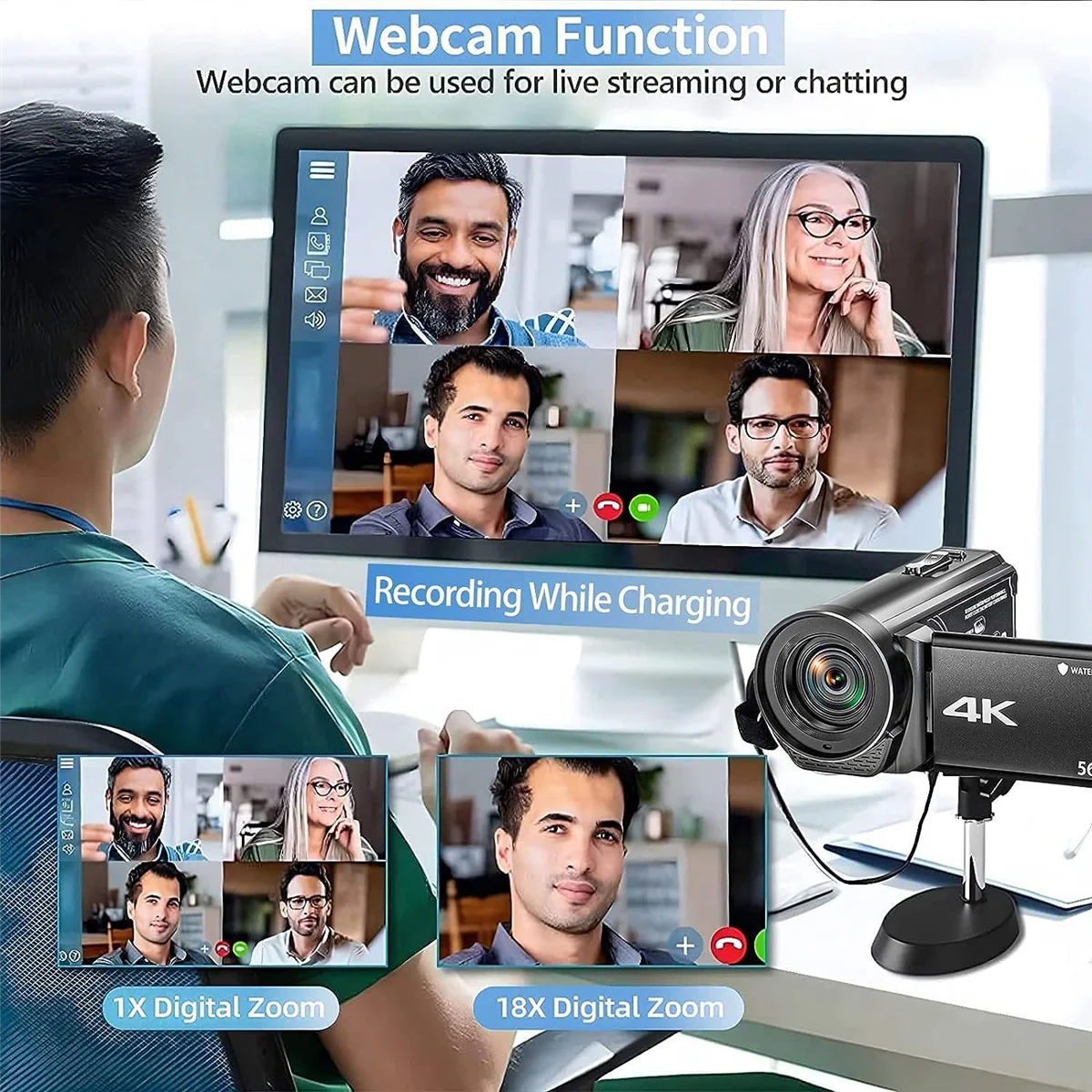 Video Camcorder Camera 4K Ultra HD 56MP 30FPS Vlogging Camera, 18X Digital Zoom Waterproof Video Camera for