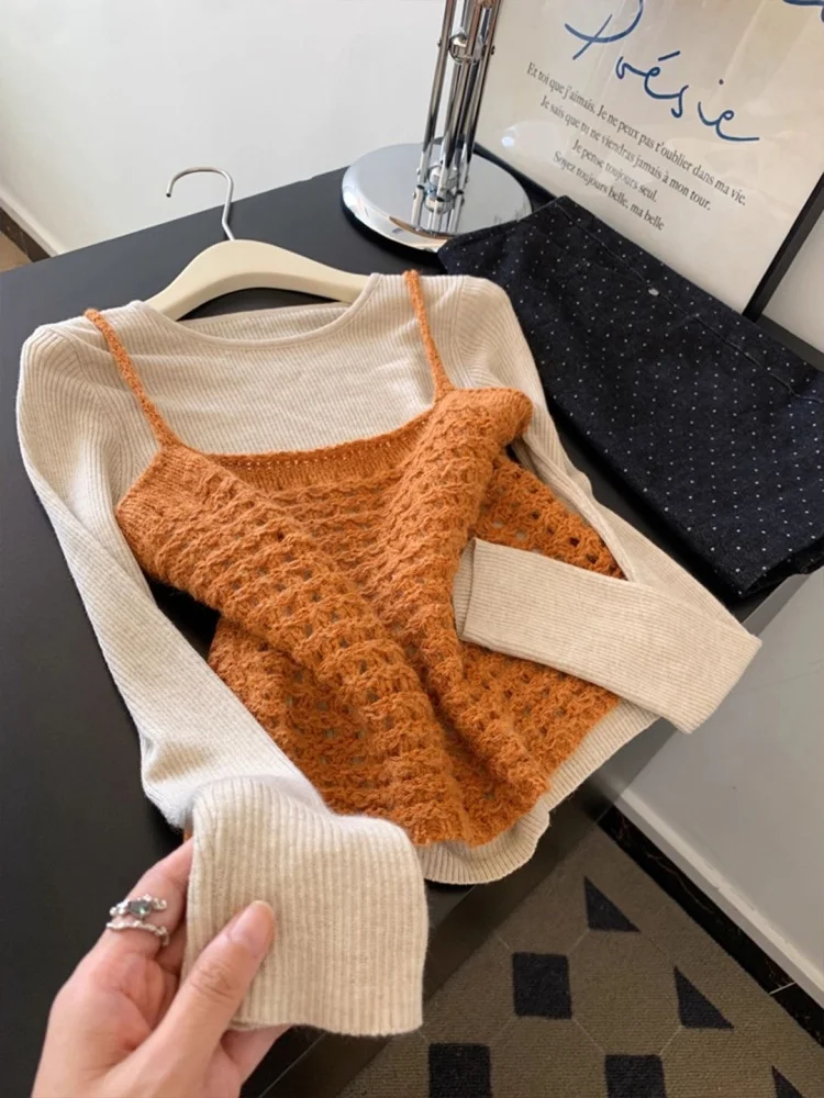 

Casual Sle Orange Knitted Tank Top And Bot Set Men Women Spring Autumn Anti Aging Versatile Base Layer Top Knittedwear