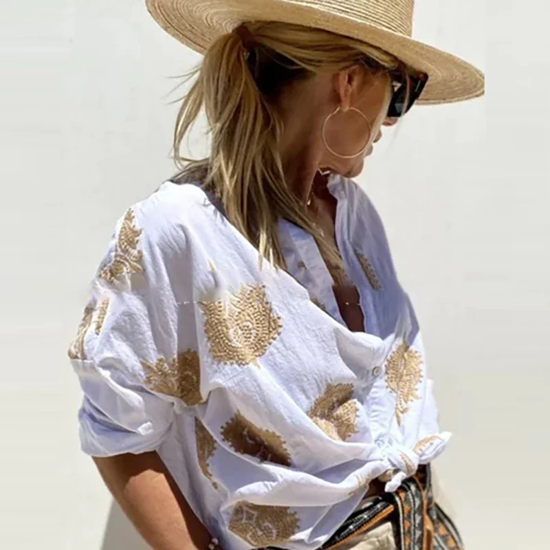 FDEY Autumn Pattern Printed Loose Shirts New Casual Single Breasted Bohemian Tops Elegant Long Sleeve Commuter Women's