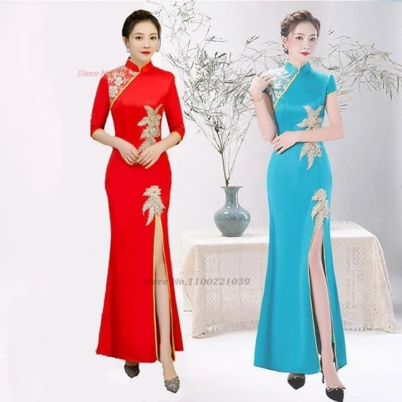 

2025 chinese vintage dress improved cheongsam retro banquet evening dress qipao national flower sequin stage performance dress