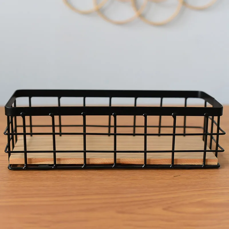 Metal Wire Basket, Decorative Wood Base Organizer for Bathroom, Kitchen, Basket for Toilet Paper Storage, Sugar Packet, Coffee