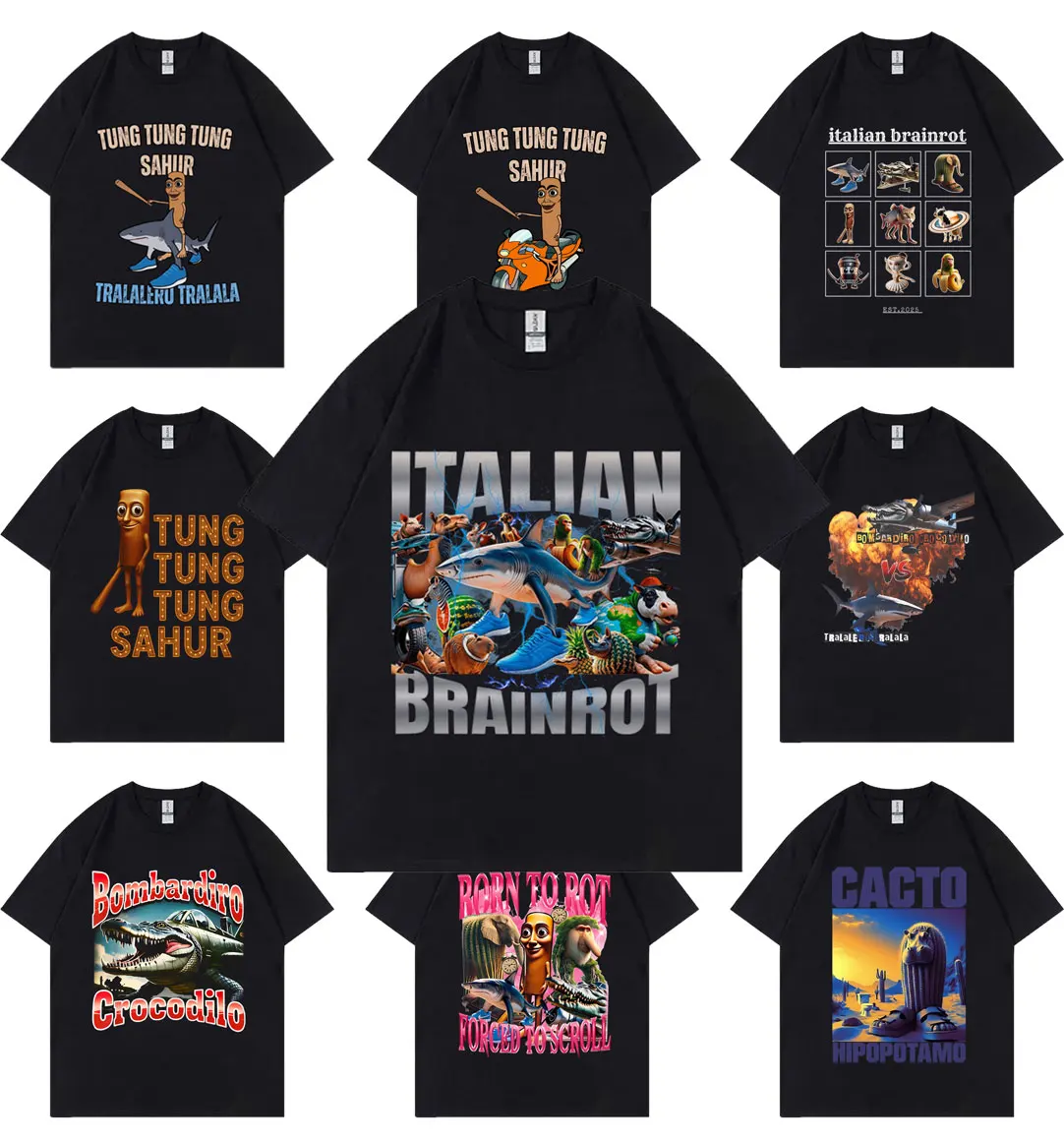 Hot Sale Italian Brainrot Funny Meme T Shirt Tralalero Tralala Tung Tung Tung Sahur Brr Brr Patapim Bombardiro Crocodilo T-shirt
