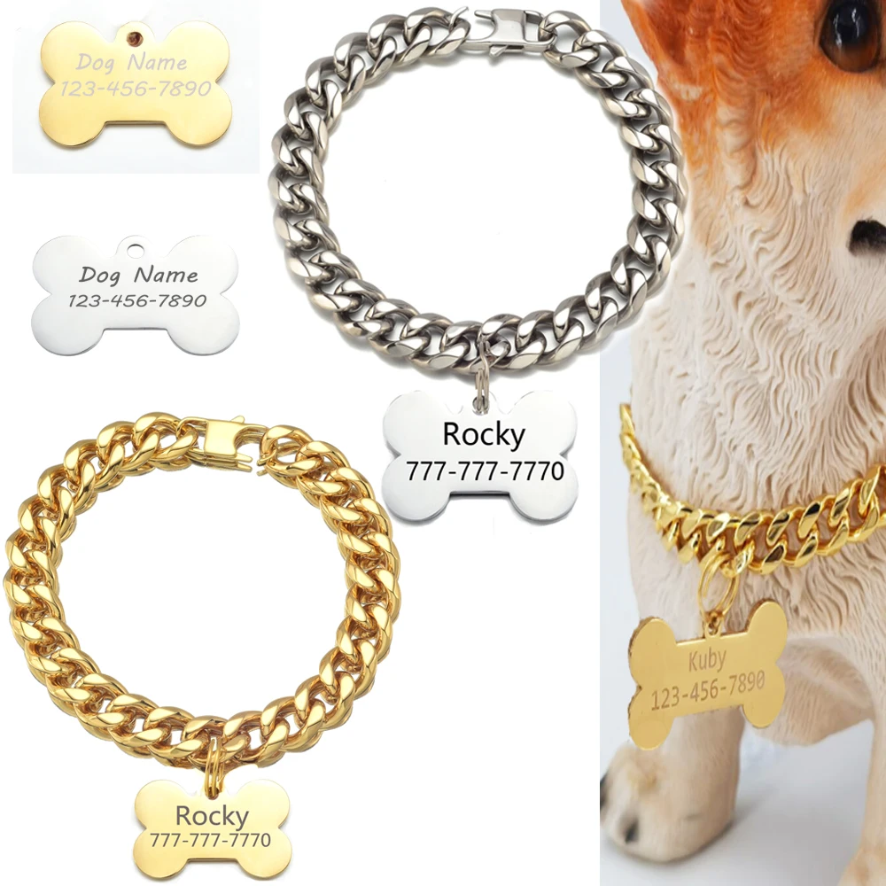 

18K Gold Cat Dog Chain Collar 13MM Wide Stainless Steel Puppy Kitten Choker Curb chewy Cuban Link with Personalized Custom Tag