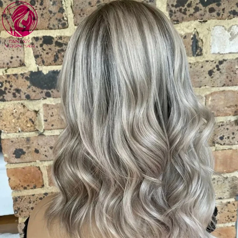 New In Human Hair Lace Frontal Wigs Ash Blonde with Light Grey Highlights Glueless 13x4 Lace Front Wig Sale for Women Free Part