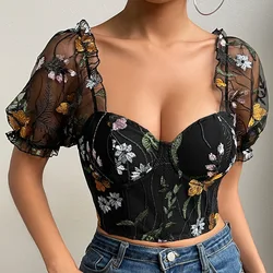 Embroidery Floral Corset Crop Tops Bubble Short Sleeve Camisole Slim Fit Tank Top Women Boned Bustier Body Shaper Bodice T-shirt