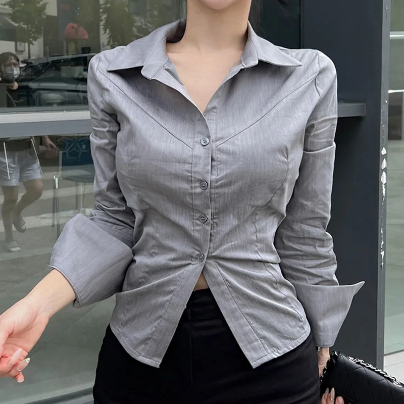 South korea Dongdaemun Sexy Women clothes Me Elegant Hem Split Sexy Figure Lapel Slim fit Long sleeve Shirts PH