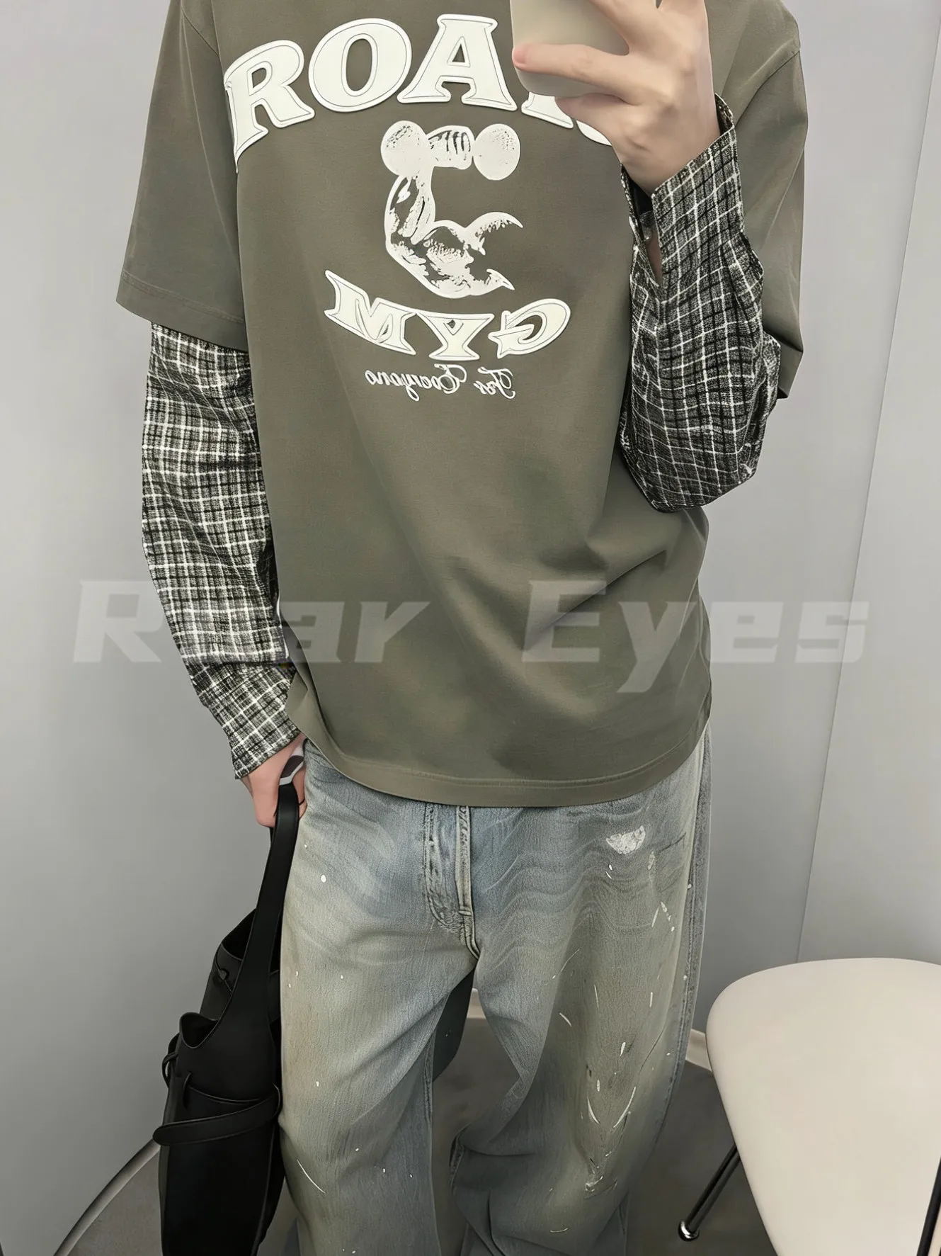 

AC fake two-piece splicing plaid shirt sleeves washed old green T-shirt 25FW