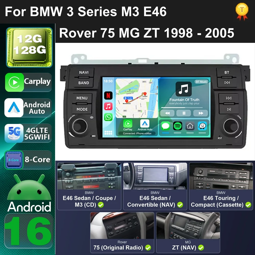 Car Radio Android 16 For BMW 3 Series M3 E46 Rover 75 MG ZT 1998-2005 carplay auto DSP BT 4G