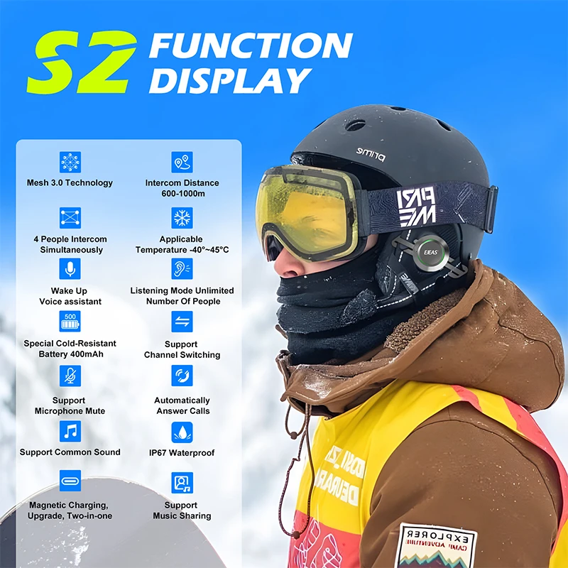 2026EJEAS New S2 Full-Duplex Waterproof Ski Helmet Intercom Bluetooth Ski Intercom for Motorcycling Accessories view 3