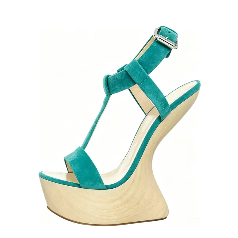 Wood Grain Hoof Heels green Suede Sandals Sexy Pointed Toe Straps Size 35-48 Customized New Arrivals Fashion Women Modern Shoes