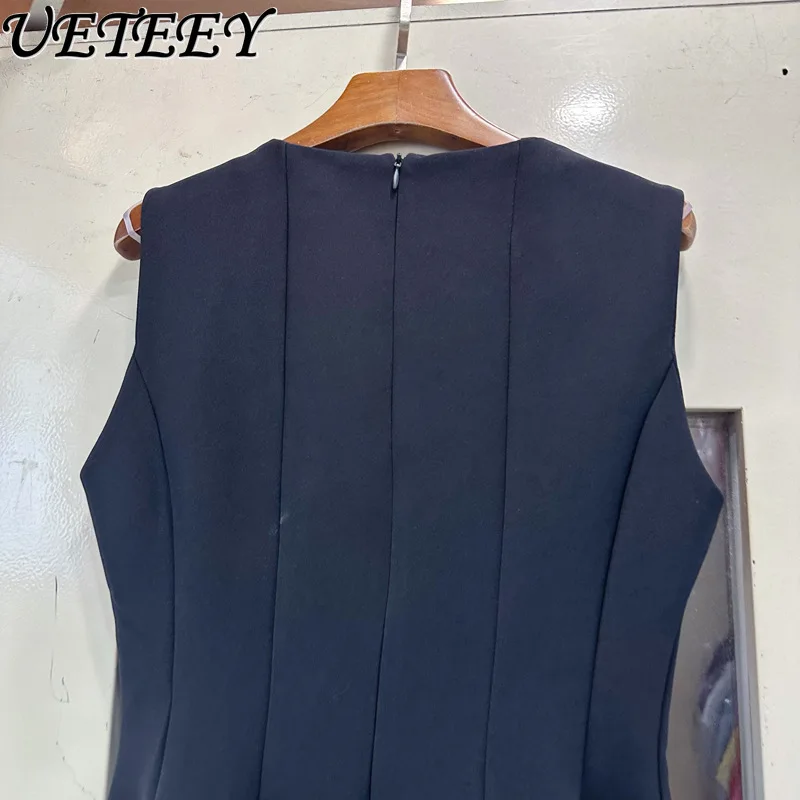 الفرنسية أنيقة ساحة طوق الصناعة الثقيلة مسمار الحفر سترة دون أكمام فستان صيف جديد عالية الخصر حفلة عيد ميلاد فساتين قصيرة