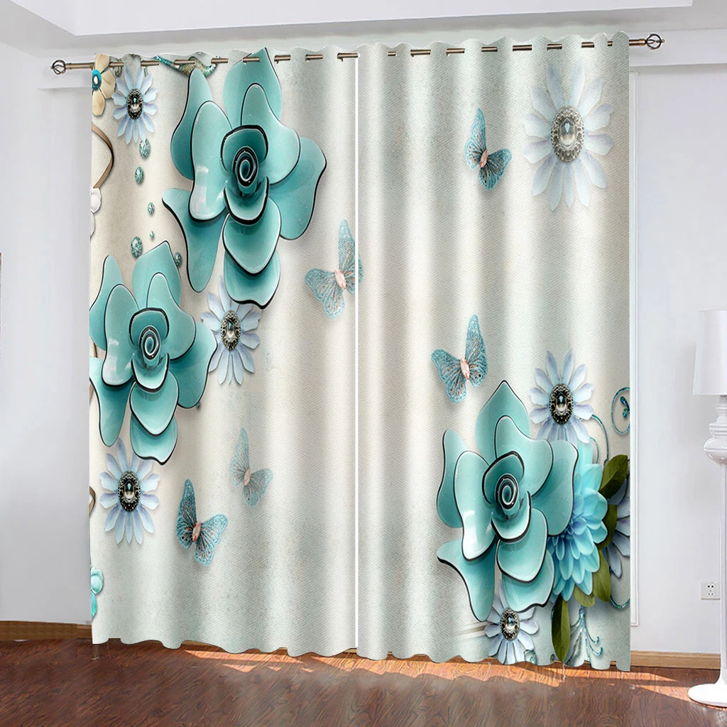 3D Simple Wind Blue Flower Curtains Aestheticism Flower Curtains 2 Panel Living Room Bedroom Study Kids Room Decor Curtains