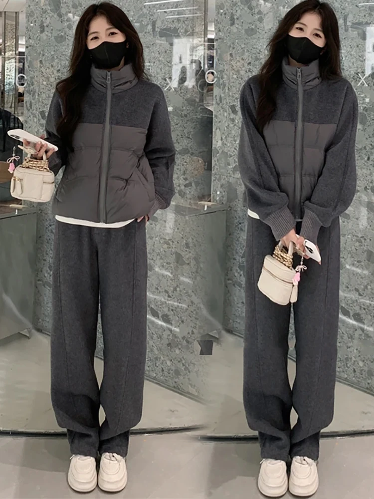 

Faionable Tweed Casual Sportswear Set Women's Patchwork down Jaet Wide Leg Pants Two Piece Set Autumn Winter New Arrival