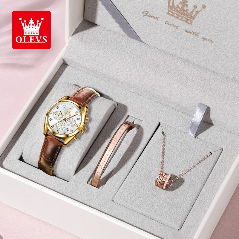 OLEVS Quartz Women Watch Three Eye Chronograph Hand Clock Leather Strap Luminous Waterproof Luxury Brand Quartz Watch for Ladies