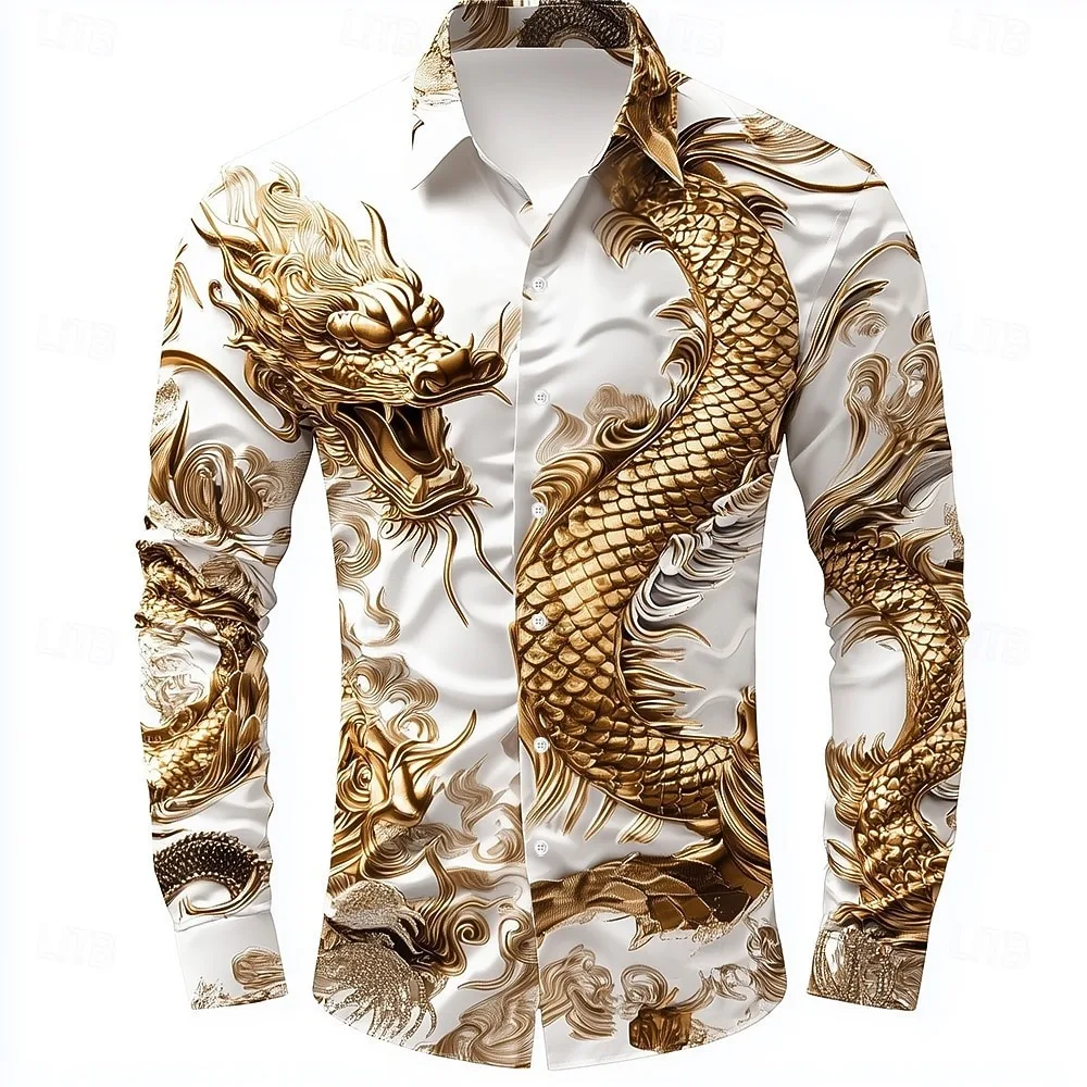 New Men's Dragon Shirt Button Long Sleeve Fashion Casual Shirt Resort Street Collar 3D Flower Printed Shirt