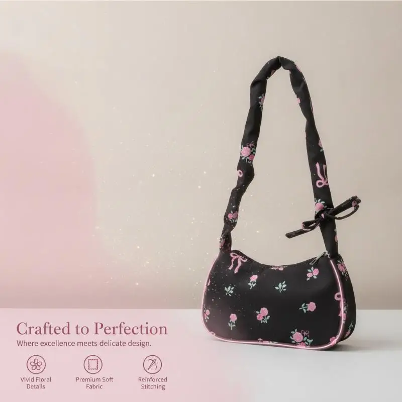 Floral Print Underarm Shoulder Bag Retro Lightweight Small Casual Purse for Female Students Campus Daily Use