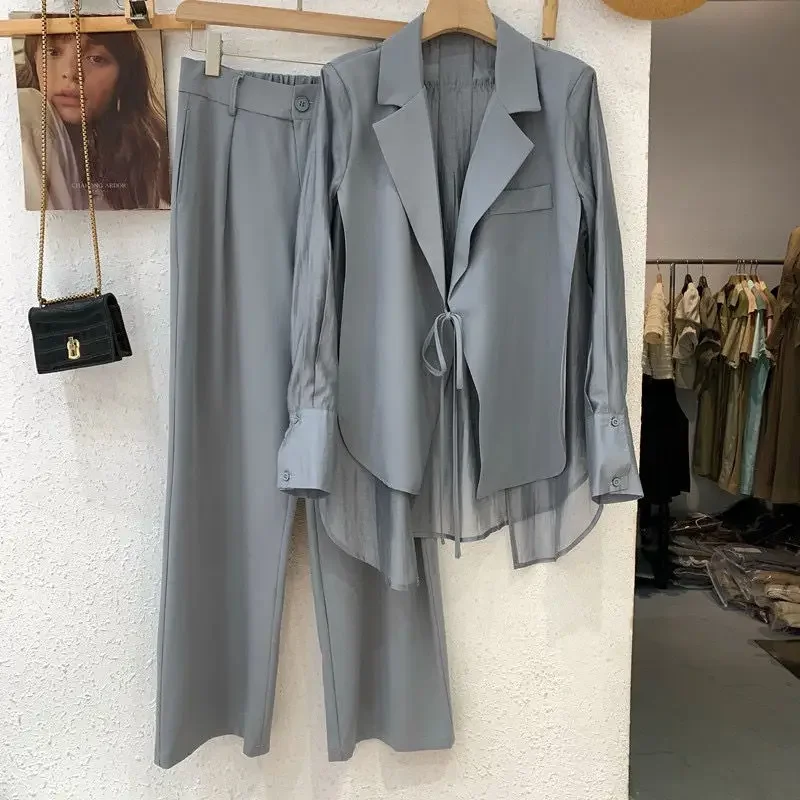 

2024 New Hollow Sun Protection Chiffon Shirt Blazer Wide Leg Pants Two Piece Set Elegant Women's Pants Set Office Outfits