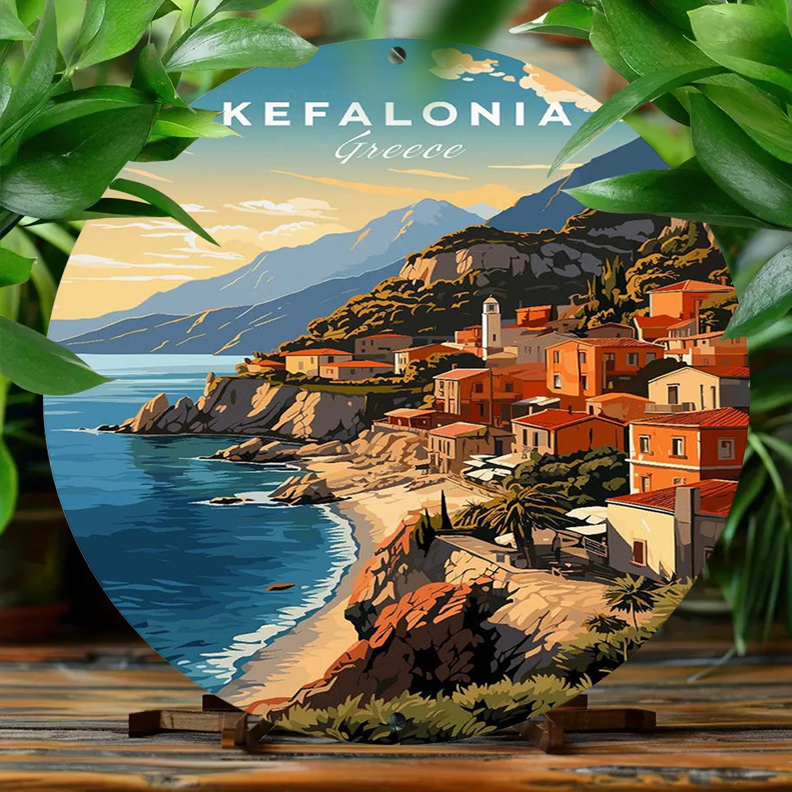Kefalonia Greece Vintage-Style Metal Sign - 1pc Aluminum 2D Printed Round Wall Decor - Pre-Drilled, Weather-Resistant, High-Defi