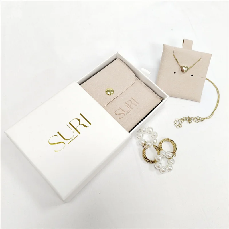 custom.Customized Jewelry Box With Jewelry Packaging Pouch Envelope Flap Button Microfiber Jewelry Pouch and Insert Pad Earr