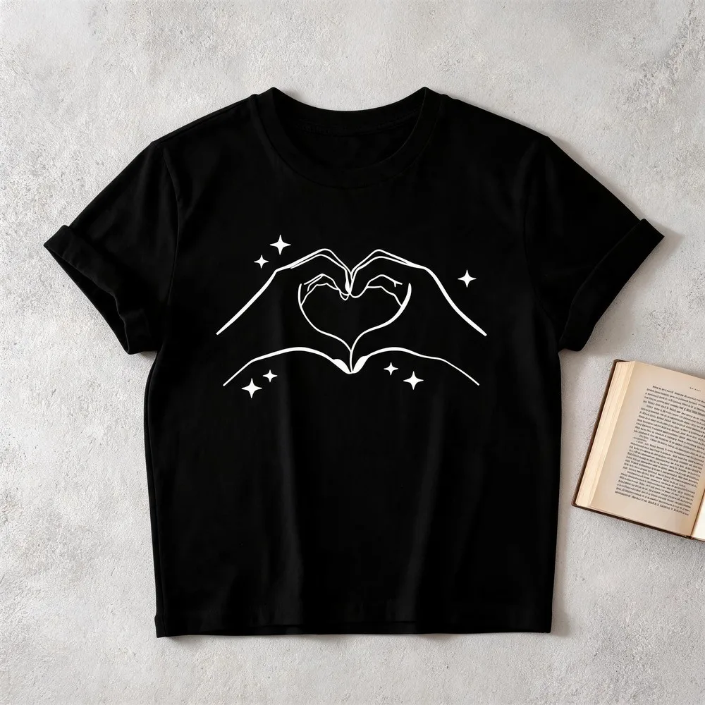 Men's heart and hand gesture print Graphic T-Shirt - Short Sleeve Crew Neck Regular Fit Casual Wear | Soft & Breathable Fabric, Durable Print, Everyday Comfort, Machine Washable, casual and minimalist line art style clothing displayed on a hanger with
