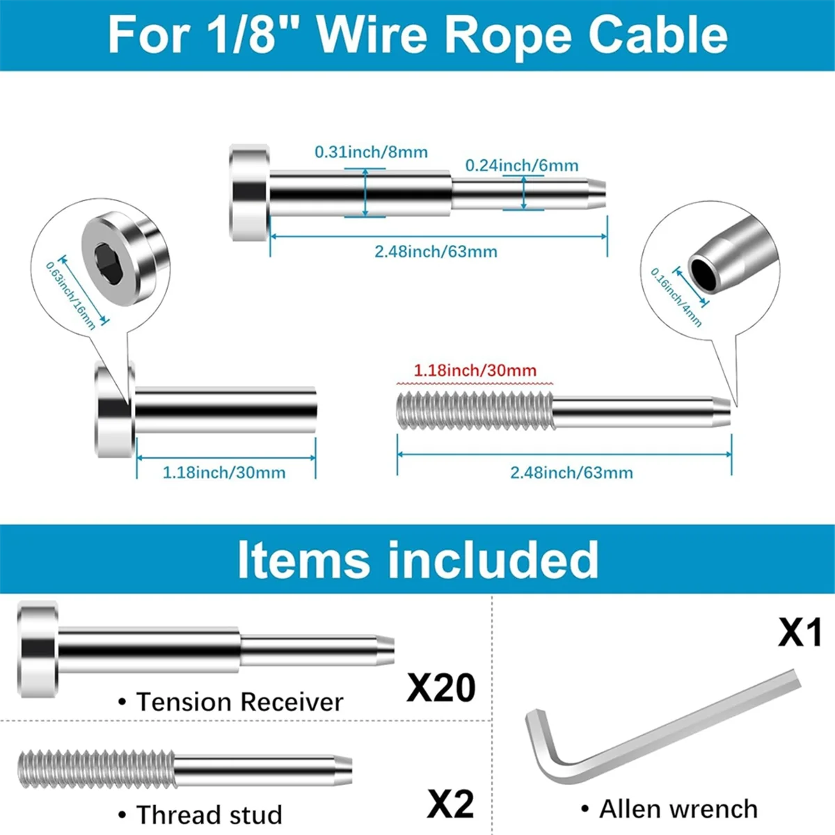 Paquete de 20 Kit de barandilla de cables, tensor de escaleras SST316 y terminal oculto para barandilla de cables, para madera/nivel/poste de escalera