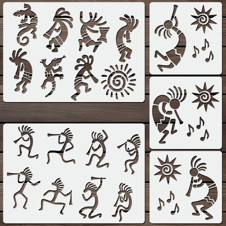 그림용 A4 및 6인치 Kokopelli 스텐실 1세트 - 벽 목재 셔츠 가방 DIY 장식용 부족 스타일 템플릿