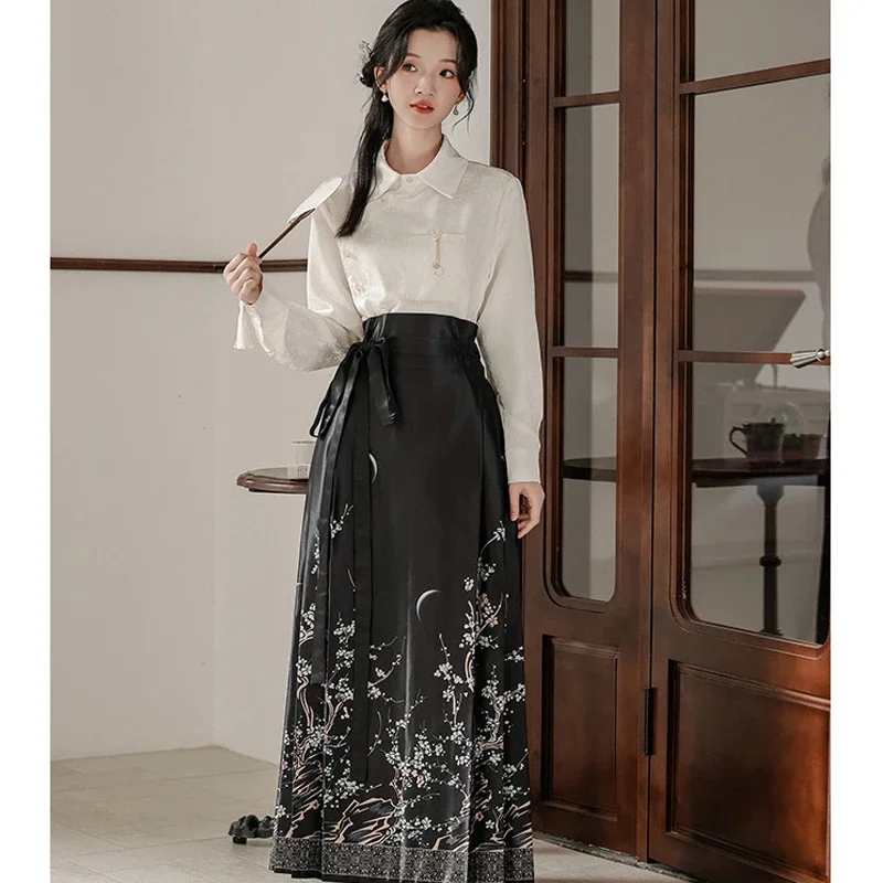 Novedad elegante Mamianqun primavera otoño Hanfu mejorado ropa tradicional china camisa de manga larga falda con cara de caballo estampada