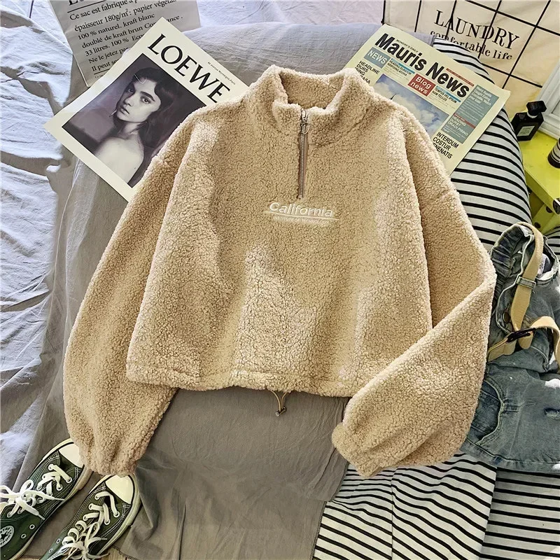 Damen-Fleece-Sweatshirt mit halbem Reißverschluss, Buchstabenmuster, Stehkragen, lange Ärmel, Kapuzenpullover, kurzes Oberteil, lässiger, lockerer Schnitt, warm, für Herbst und Winter, Pullover. – Detail 10