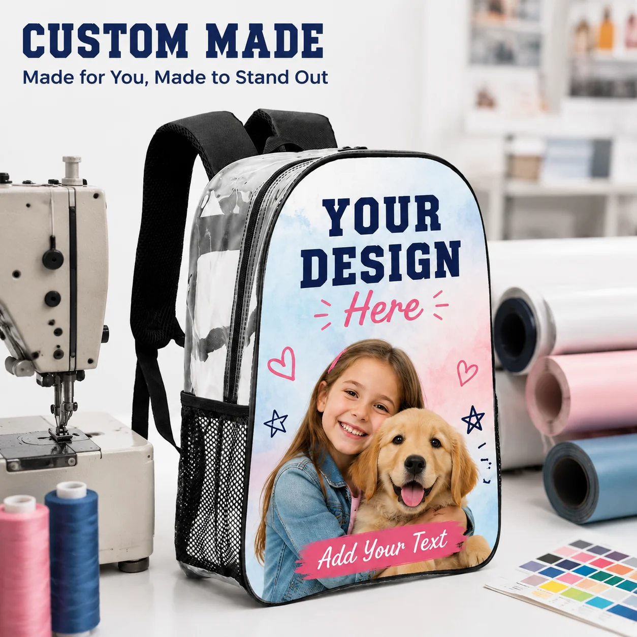 Custom Print Transparent Clear PVC Backpack Stadium Security Approved Mesh Pocket Casual School Travel Backpack