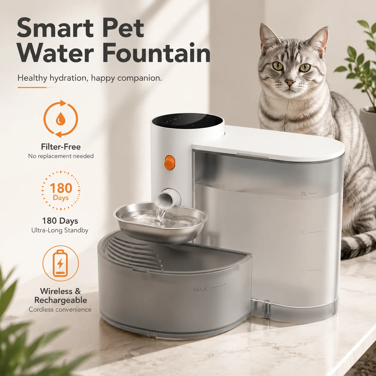 Fontaine à eau intelligente pour animaux de compagnie, fontaine à eau sans fil pour chat de 3 L sans filtre, fontaine à eau pour chat ultra silencieuse à piles rechargeable