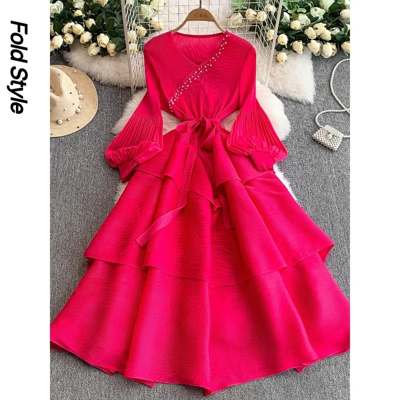 

High-end Miyake Pleated Heavy Industry Bead V-neck Lantern Sleeve Dress Women's Waist Thin Ruffle Edge Elegant Long Dress