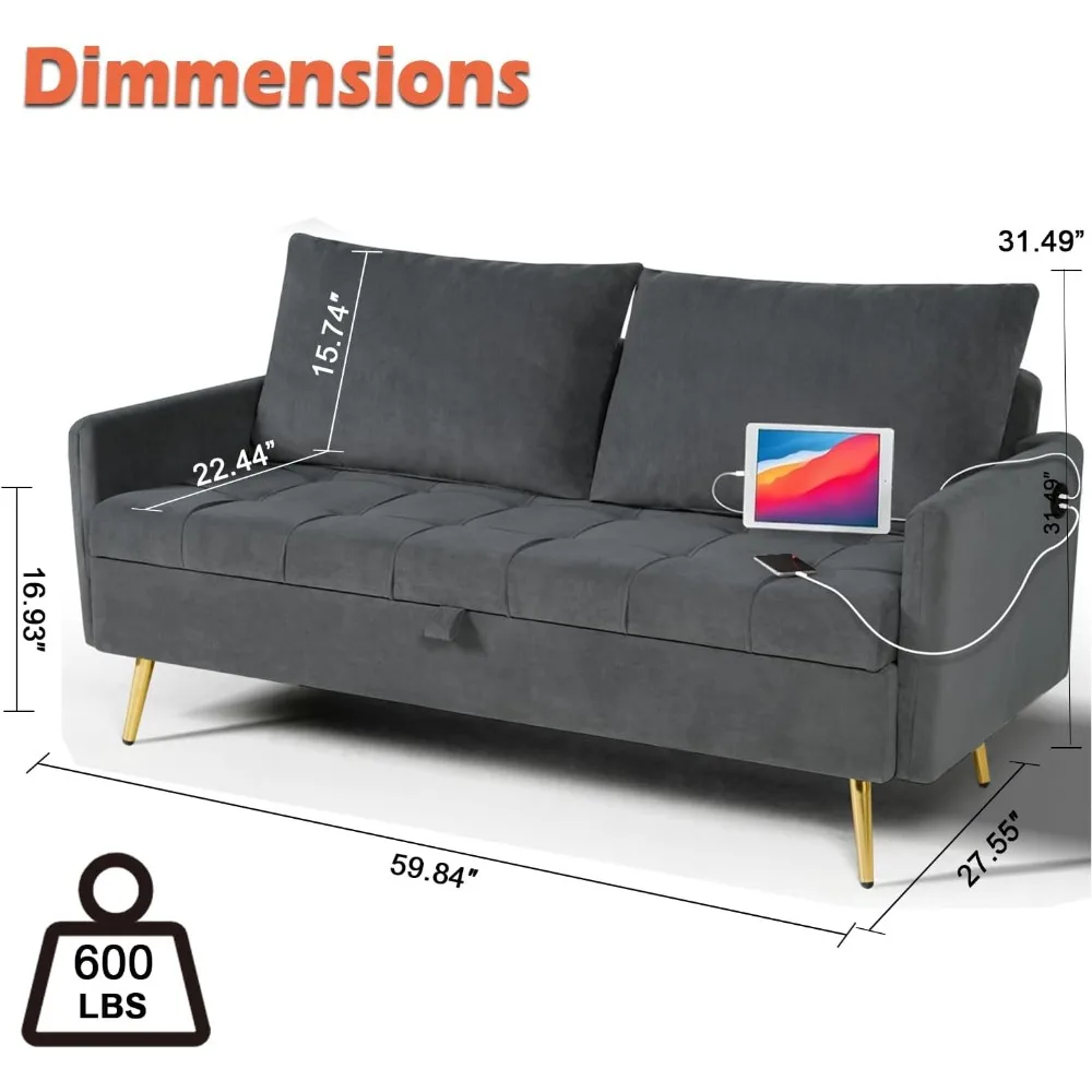 أريكة مخملية بمقعدين بقدرة 60 وات مع مساحة تخزين، أريكة مدمجة لغرفة النوم، غرفة المعيشة، المكتب، النوم، وسائد مريحة