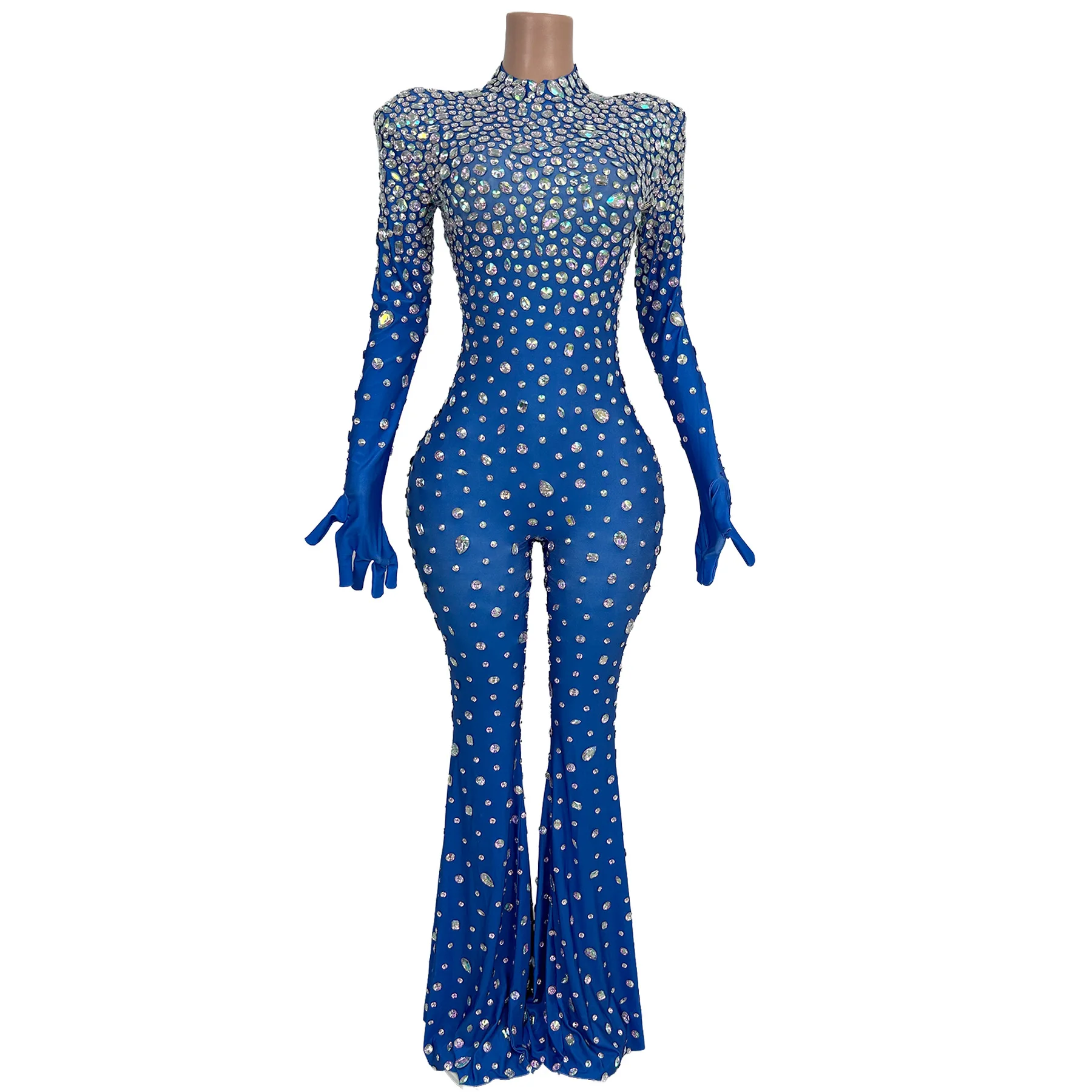 Dashuijing All Over Rhinestone Blue Jumpsuit with Long Sleeves Form-Fitting Silhouette and Flared Pants for Stage Events