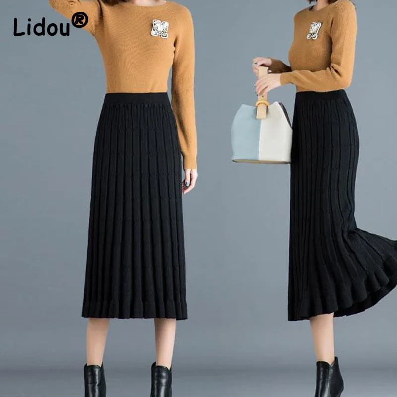 Office Lady Stereoscopic Printing Black Knitting Cotton Slim Mid-calf Hip Wrapped Skirt High Strecth Pleated Women's Clothing