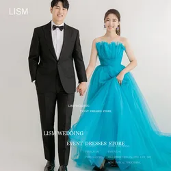 LISM Ruffles Fairy Tulle A Line Evening Dresses Korea Photoshoot Bright Blue Draped Pleats Long Custom Floor Length Formal Dress