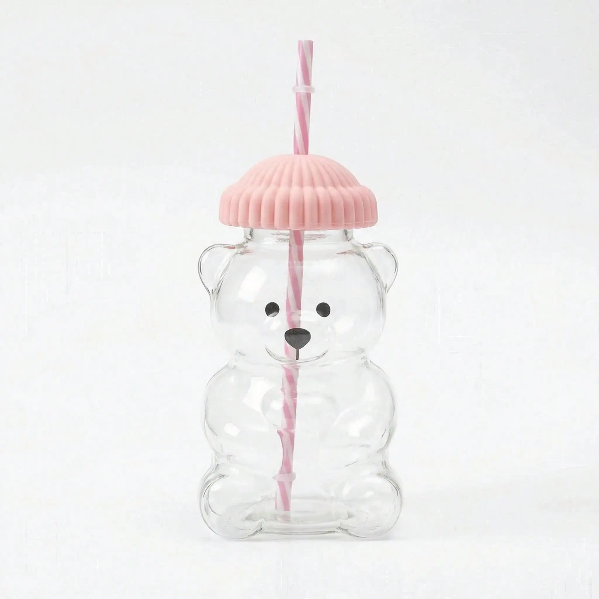 590ml/20oz Cute Bear Shaped Glass Cup with Pink Hat Lid & Straw Transparent Adorable Drinking Bottle Durable Playful Drinkware for Home Office Gift for Women Girls Birthday Housewarming Bridesmaid Graduation Holiday