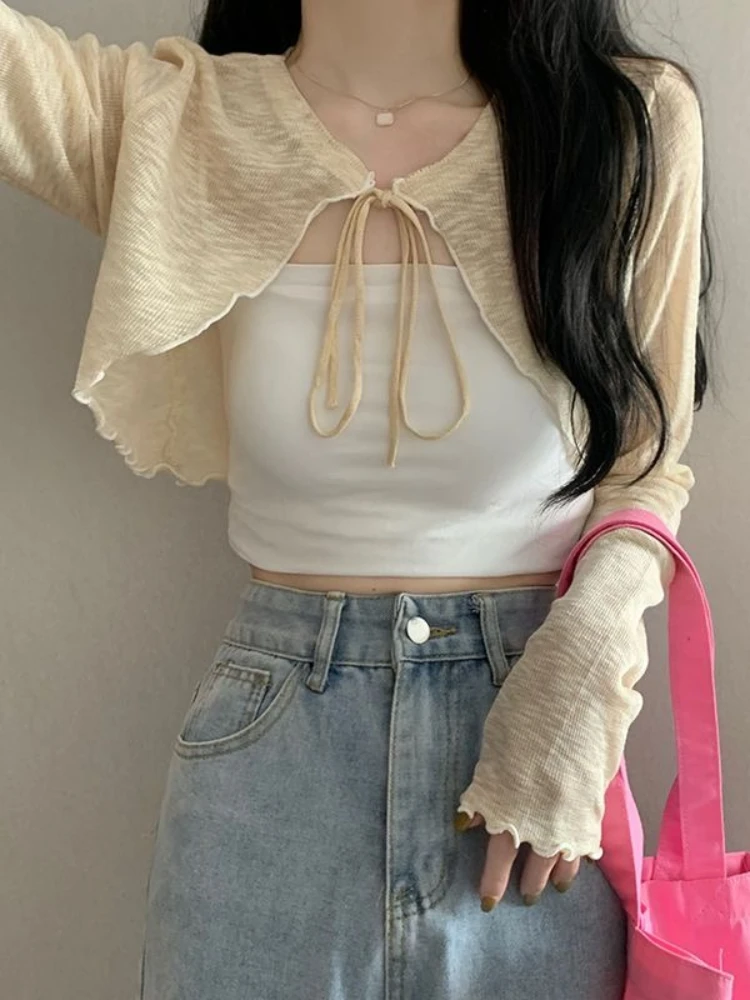 Long Sleeve Thin Crop Top 2026 Summer Ice Silk Knit Women Cardigan Shawl Sun Protection Outerwear  Loose Versatile Cover Up