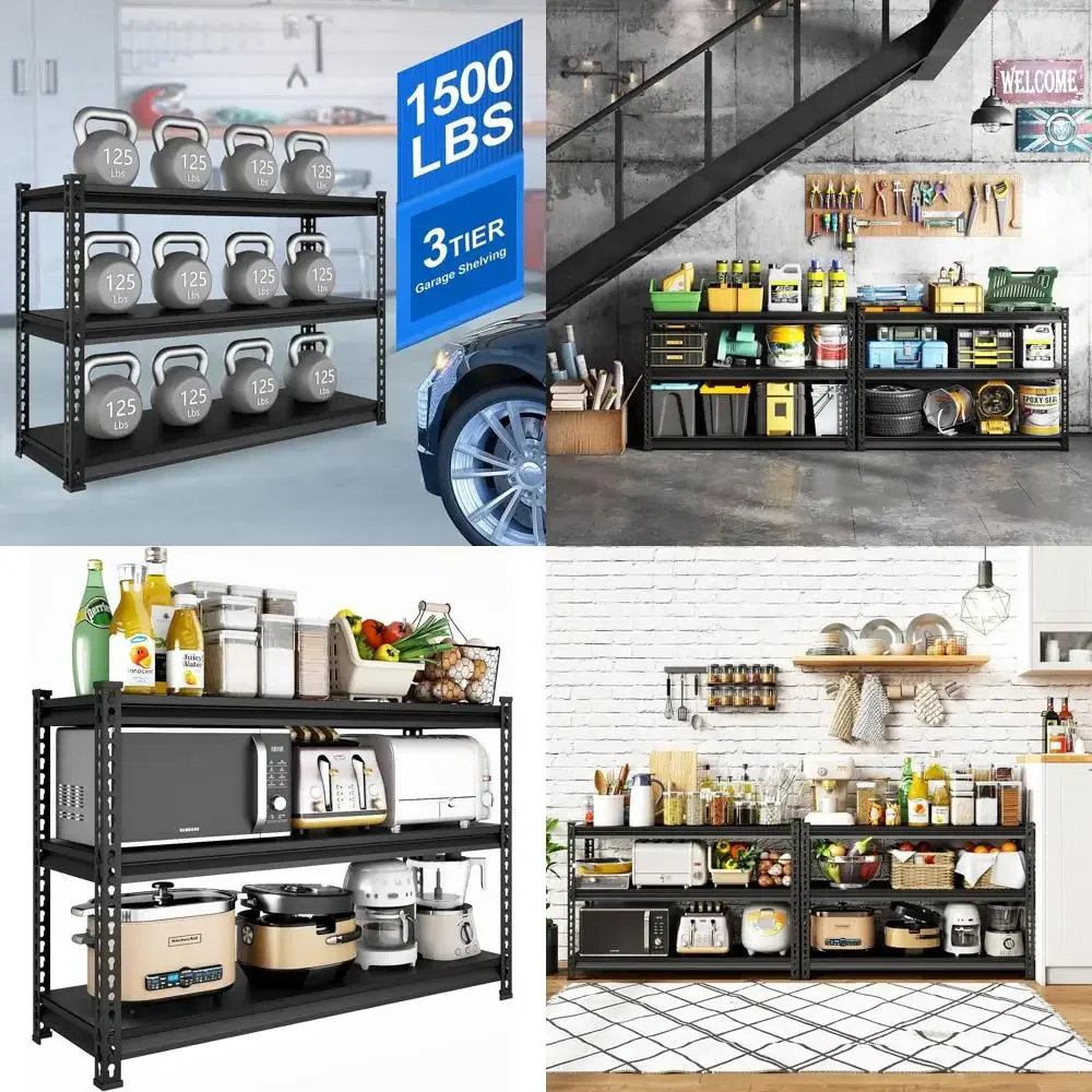 

3-Tier Heavy Duty Adjustable Garage Shelving, 48W x 18D x 39H, Holds 1500lbs, Black Metal Storage Rack