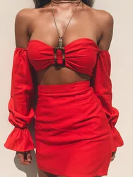 YUZHEXI Full Flare Sleeve Strapless Bustier Top + High Waist Skirt Two Piece Set Women Off Shoulder Red Suit Padded Bra Dress