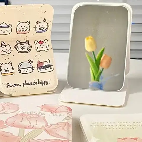 Miroir de maquillage de bureau en cuir PU, couleur unie, Simple, Portable, pliable, Compact, mignon, pour étudiant