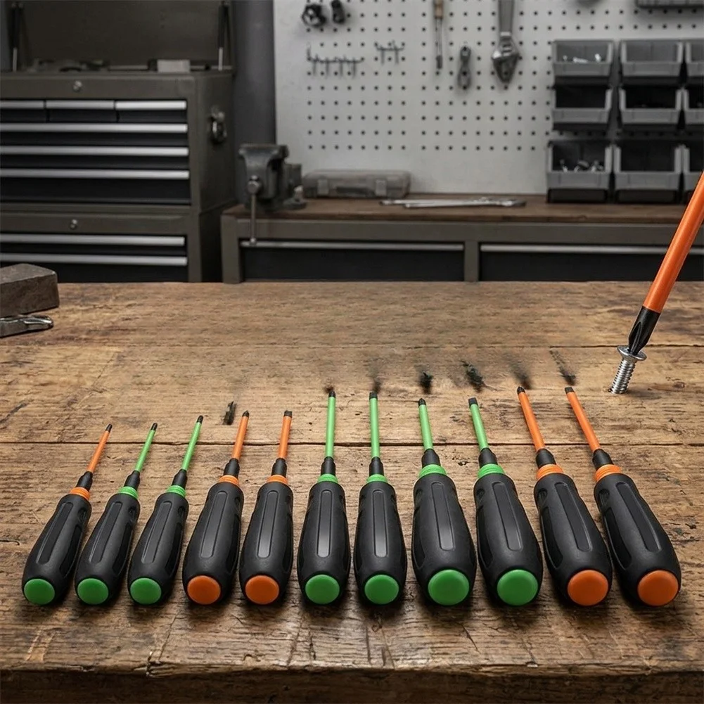 Demolition-Oriented 12pc Screwdriver Set Made from For S2 Steel Magnetic Slotted For cross Tips and Ergonomic Triangular Handle