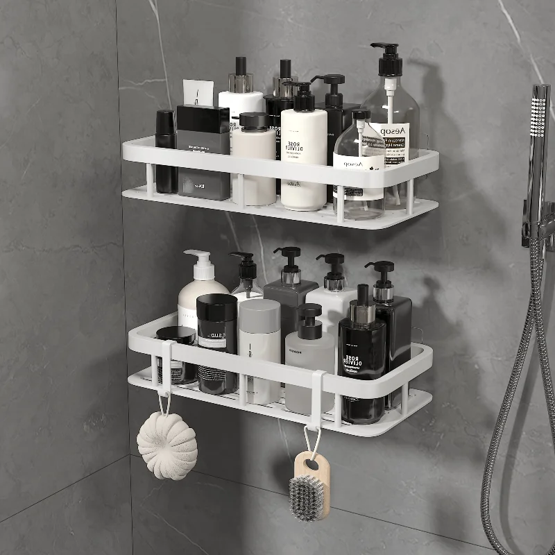 No Drill Bathroom Storage Shelf Removable Wall Mount Organizer Rack Rustproof Aluminum Shower Caddy Perforated Draining