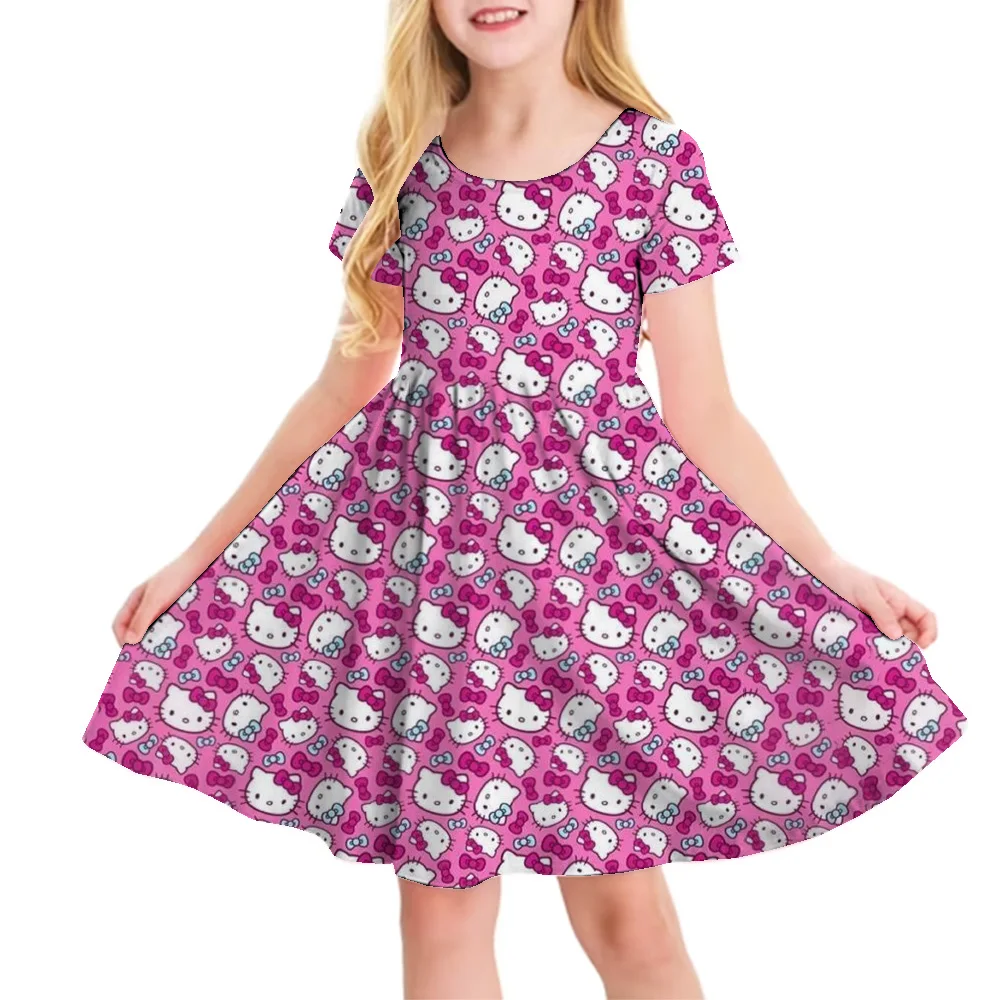 3D Printed Sanrio Hello Kitty Fashion Cartoon Pattern Cute Short Sleeved Dress Cosplay Youth Girl Clothes Kuromi Clothes Sweet