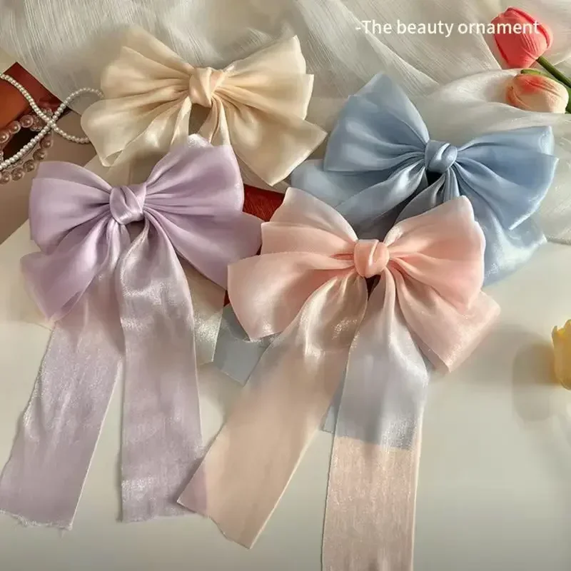 Fashionable Girl Candy Color Bow Ribbon Duck Billed Spring Clip Half Tie Hair Girl Sweet New Hair Clip Accessories Korea 2024