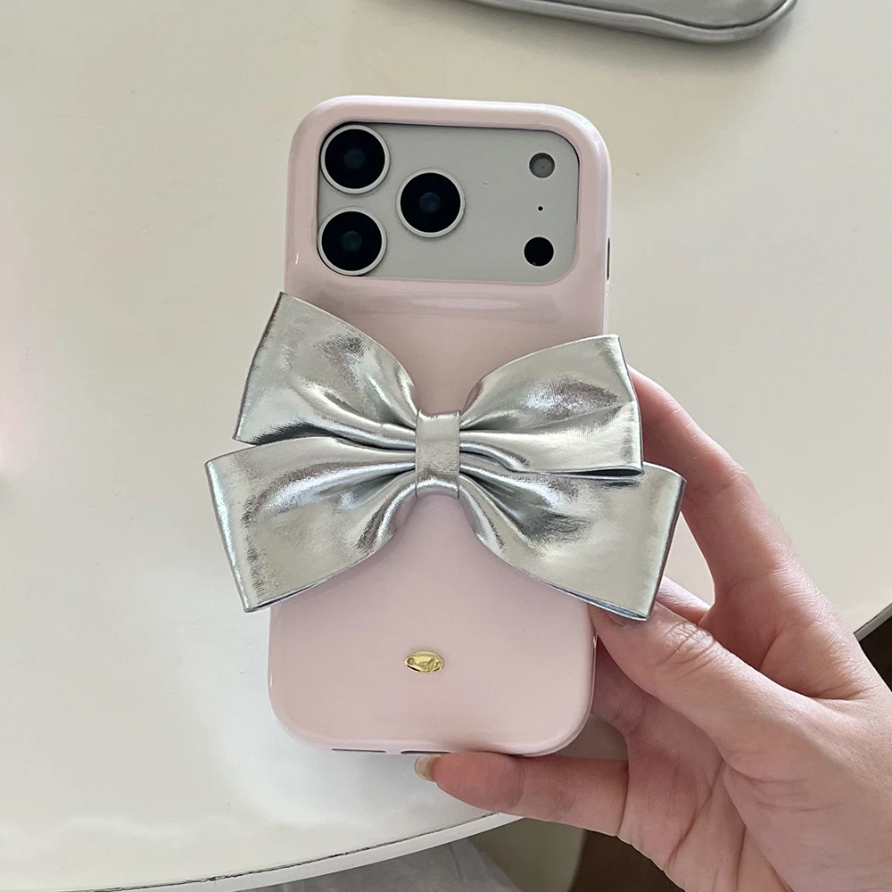 

INS Creative Pink Leather Bowknot Bow Phone Case for IPhone 16 15 13 14 17 Pro Max Cute Soft Silicone Cover Shockproof Shell